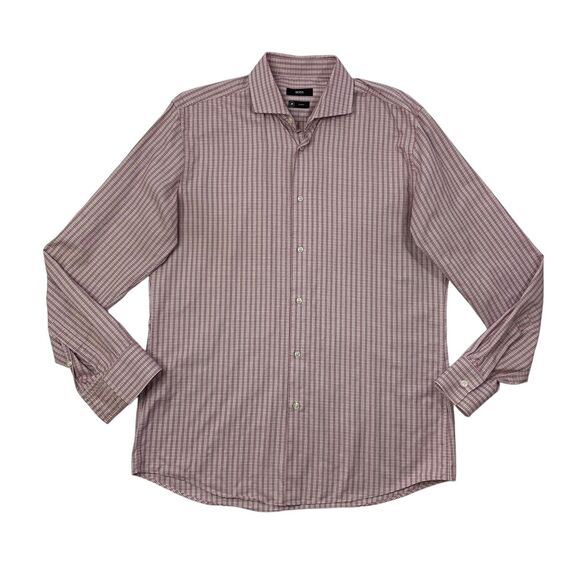 Hugo Boss Shirt Mens 16 SLIM Fit Bordeaux Red White Plaid Long Sleeve Dress - Picture 1 of 8